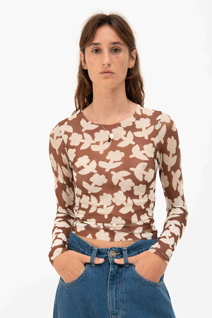Tulle t-shirt floral print | tobacco
